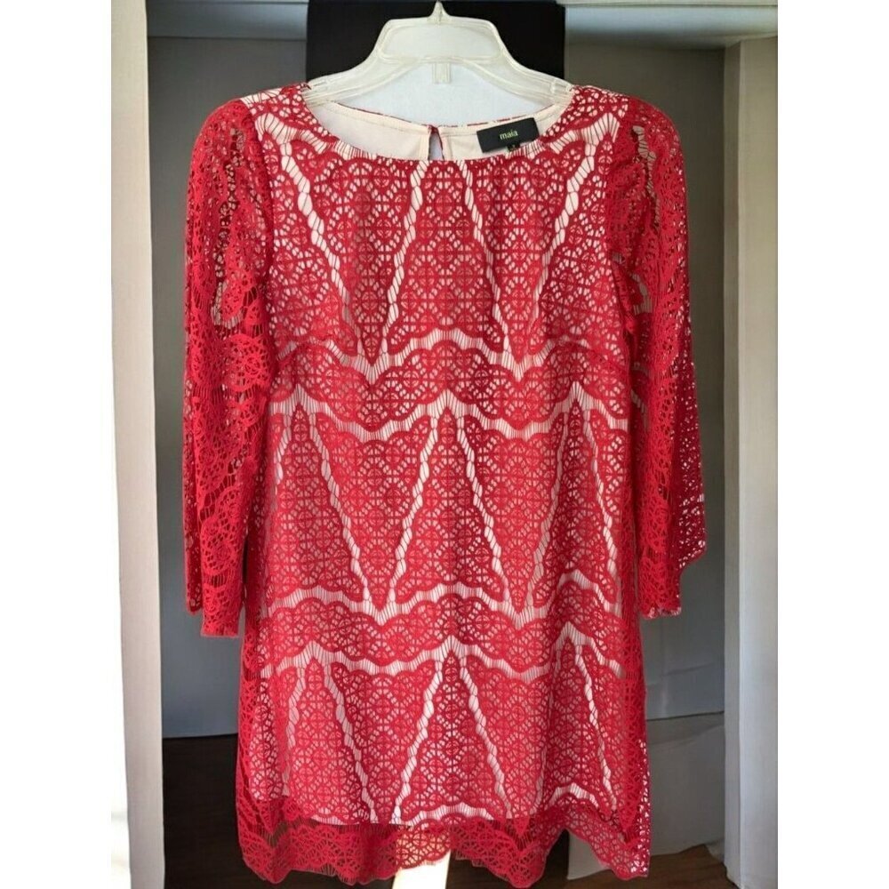 Maia Womens Designer Red Lace Scalloped Edge Shift Dress Lined Crochet NEW 2 - Picture 9 of 10